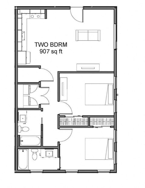 Floor plan for 2 beds, 2 baths, 932 sqft